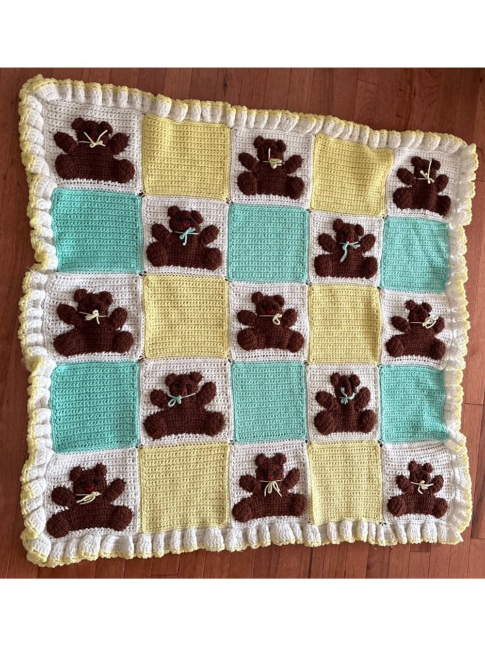 Crochet Teddy Bear Baby Blanket Handmade Yellow Blue White Squares 42"